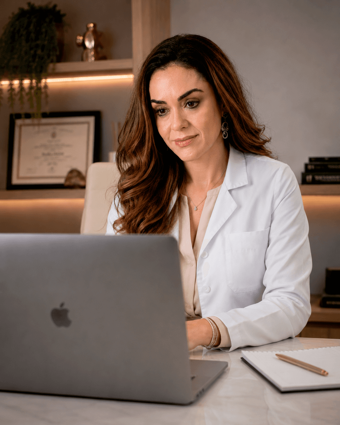 Dra. Lizéta Cristine Lemes Saúde diante do computador no consultório, durante uma teleconsulta